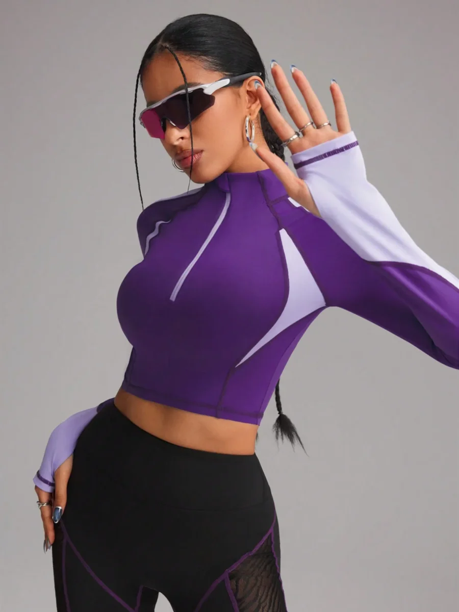 Felpa da donna con chiusura lampo, a blocchi di colore, crop top a maniche lunghe