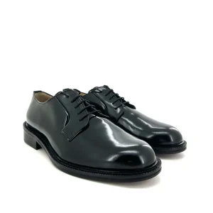 Saxone scarpa allacciata derby uomo,in pelle nera Polish binder,suola cuoio