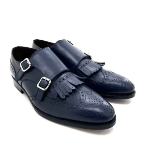 Sir Wilson scarpe classiche uomo, in pelle blu con doppia fibbia e frange