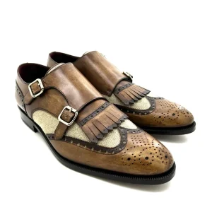 Sir Wilson scarpe uomo, in pelle marrone anticata e tessuto, con doppia fibbia e frange